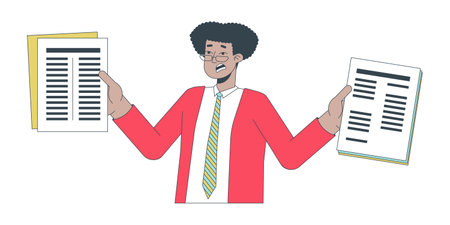 Overcommitted hispanic business man 2D linear cartoon character. Holding paperwork office worker latin american isolated line vector person white background. Stressed color flat spot illustrationのイラスト素材