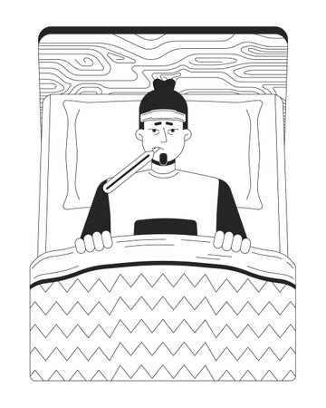 Hospitalized patient influenza black and white cartoon flat illustration. Lying in bed caucasian man cold compress 2D lineart character isolated. Temperature high monochrome scene vector outline imageのイラスト素材
