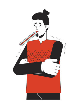Flu feverish caucasian man with thermometer 2D linear cartoon character. Chills guy feeling sick isolated line vector person white background. Coronavirus symptom color flat spot illustrationのイラスト素材