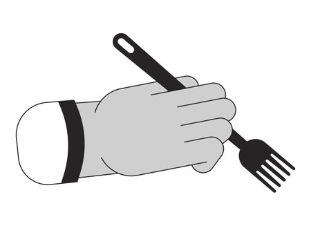 Holding fork cartoon human hand outline illustration. Eating with utensil 2D isolated black and white vector image. Lunchtime tool dinner time. Using cutlery flat monochromatic drawing clip artのイラスト素材