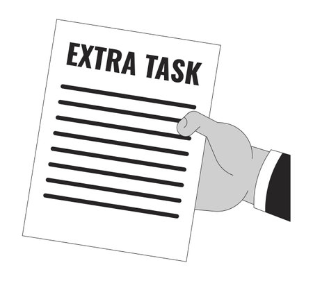 Giving extra task cartoon human hand outline illustration. More responsibility workplace 2D isolated black and white vector image. Teacher handing out extra credit flat monochromatic drawing clip artのイラスト素材