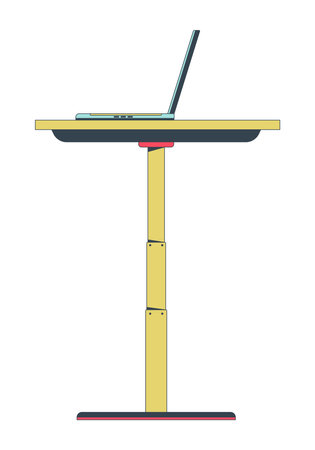 Stand up workstation desk with laptop 2D linear cartoon object. Flexible furniture isolated line vector element white background. Adjustable table with notebook side view color flat spot illustrationのイラスト素材
