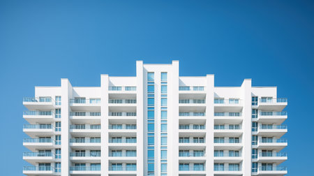 Modern sanatorium building on clear blue sky ai generated banner background copy space. Flats building white idyllic image backdrop empty. Condo architecture concept composition front view, copyspaceの素材