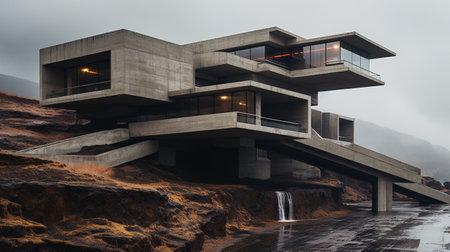 Modern concrete solid house on foggy hill ai generated background image. Brutalist architecture desktop wallpaper picture. Cement blocks building photo backdrop. Structure concept compositionの素材