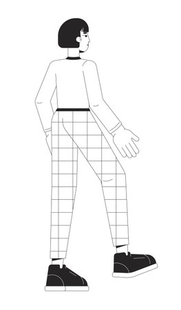 Young Korean woman stepping forward black and white 2D line cartoon character. Back view female office worker in checkered pants isolated vector outline person. Monochromatic flat spot illustrationのイラスト素材
