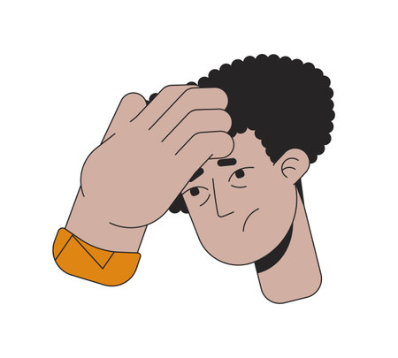 Hispanic guy touching forehead for fever feel 2D linear cartoon closeup face. Sick adult latin american male isolated line vector head close-up white background. Headache color flat spot illustrationのイラスト素材