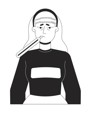 Sick woman with thermometer in mouth black and white 2D line cartoon character. Blonde european female isolated vector outline person. Suffer infectious disease monochromatic flat spot illustrationのイラスト素材