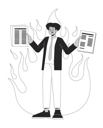 Busy workaholic hispanic man holding papers black and white 2D line cartoon character. Latino eyeglasses employee isolated vector outline person. Burning deadline monochromatic flat spot illustrationのイラスト素材
