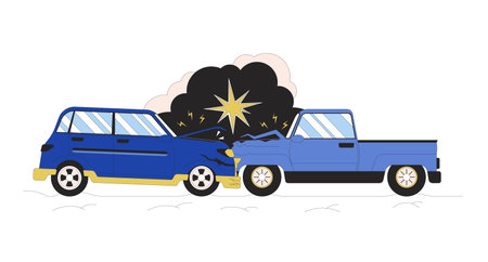 Head-on collision automobiles 2D linear cartoon object. Crash bumper. Transports traffic accident isolated line vector element white background. Vehicles damaged color flat spot illustrationのイラスト素材