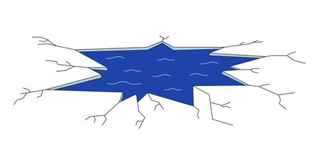Broken ice hole 2D linear cartoon object. Frozen lake ice cracks spring, round hollow isolated line vector element white background. Dangerous place wintertime color flat spot illustrationのイラスト素材