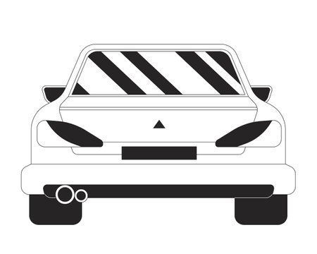 Vehicle back view black and white 2D line cartoon object. Backview car transport isolated vector outline item. Behind auto transportation. Back automobile monochromatic flat spot illustrationのイラスト素材