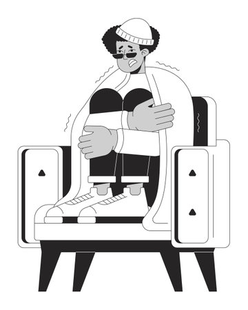 Latino man in armchair sitting under blanket black and white 2D line cartoon character. Freezing guy shivering isolated vector outline person. Cold temperatures monochromatic flat spot illustrationのイラスト素材