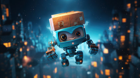 Cute robot parcel delivery ai generated character 3d image. Flying logistics bot isolated mascot on night cityscape background. Child friendly technology fantasy rendering 3d model picture, copy spaceの素材