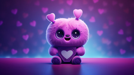 Cute pink fluffy monster ai generated character 3d image. Robotic animal. Alien creature isolated mascot on hearts background. Child friendly technology fantasy rendering 3d model picture, copy spaceの素材