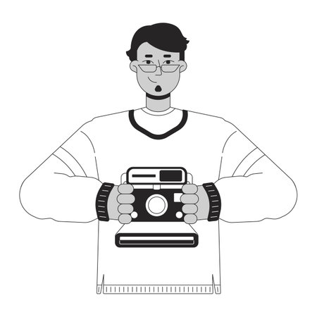 Cheerful arab man holding retro camera black and white 2D line cartoon character. Middle eastern guy...