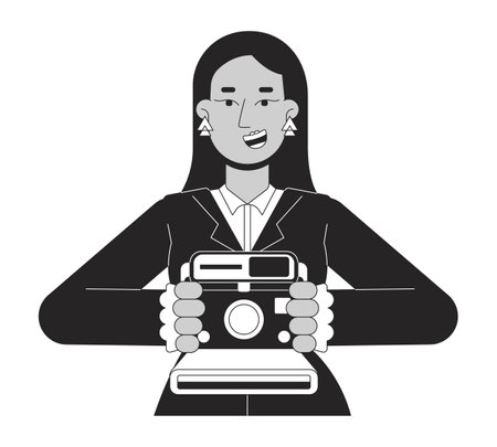 Smiling arab female holding instant camera black and white 2D line cartoon character. Middle eastern girl picture taking isolated vector outline person. Nostalgia monochromatic flat spot illustrationのイラスト素材