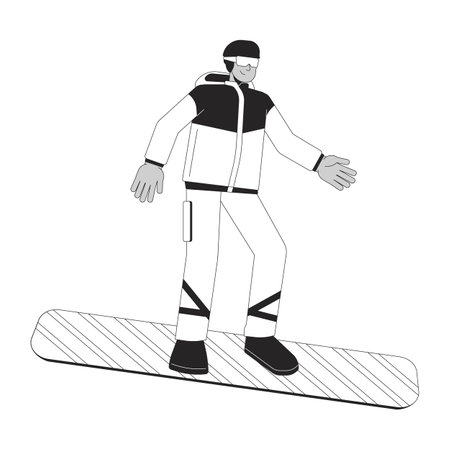 Snowboarder male latin american black and white 2D line cartoon character. Hispanic man wearing warm clothing isolated vector outline person. Snowboarding vacation monochromatic flat spot illustrationのイラスト素材