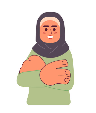 Hijab young adult woman confident arms folded 2D cartoon character. Crossed arms smiling muslim female isolated vector person white background. Headscarf casual color flat spot illustrationのイラスト素材
