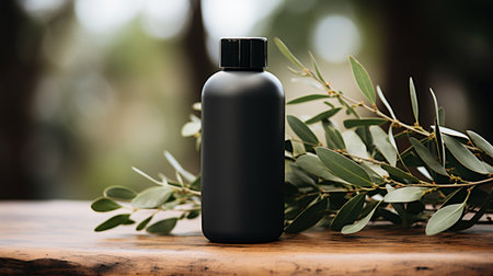 Eucalyptus shampoo ai generated bottle mockup. Plant based wash blank packaging mock up on greenery outdoor background. Personal care. Bathroom product branding concept image, advertising copy spaceの素材