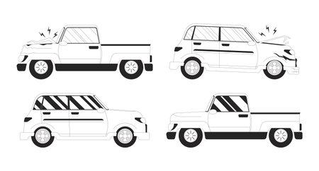 Auto repair shop black and white 2D line cartoon objects set. Accident automobile isolated vector outline items collection. Retro cars. Newly refurbished vehicle monochromatic flat spot illustrationsのイラスト素材