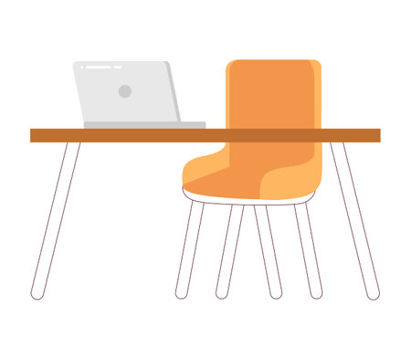 Contemporary workspace laptop chair 2D cartoon object. Modern office furniture isolated vector item white background. Notebook on wooden desk. Workstation. Home office color flat spot illustrationのイラスト素材