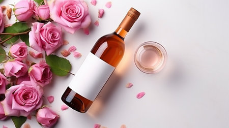 Dry rose wine bottle with wineglass top view ai generated mockup. Delicious drink. Winery blank packaging mock up on pink flowers white background. Winemaking product branding concept imageの素材