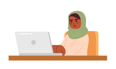 African american woman hijab remote employee 2D cartoon character. Headscarf black female typing laptop isolated vector person white background. Telecommuting adult muslim color flat spot illustrationのイラスト素材
