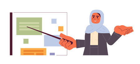 Hijab holding employee pointing stick 2D cartoon character. Muslim headscarf woman isolated vector person white background. Arab lady showing office presentation board color flat spot illustrationのイラスト素材