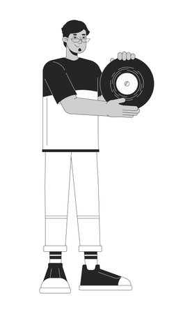 Smiling arab man holding vinyl record black and white 2D line cartoon character. Millennial guy enjoying retro music isolated vector outline person. Nostalgia monochromatic flat spot illustrationのイラスト素材