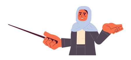 Professional mentor muslim woman 2D cartoon character. Hijab female leadership coach isolated vector person white background. Arab lady seminar instructor pointer stick color flat spot illustrationのイラスト素材