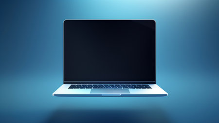 Budget-friendly ai generated floating laptop template. Device blank display, laptop screen mockup on blue steel background. Electronics virtual store concept image, advertising notebook mock upの素材