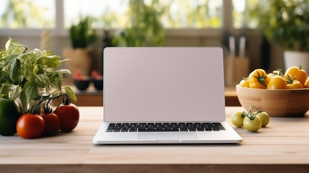 Cooking tutorial ai generated laptop template. Device blank display, laptop screen mockup on cottage kitchen background. Peppers tomatoes salad ingredients concept image, advertising computer mock upの素材