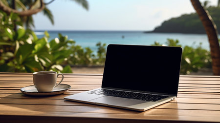 Outdoor workspace ai generated laptop template. Device blank display, laptop screen mockup on tropical seaside landscape. Living nomad lifestyle concept image, advertising electronic notebook mock upの素材