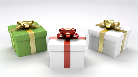 Decorative Christmas boxes ai generated background image. Sale season gifts desktop wallpaper picture. Seasonal joyful occasion photo backdrop. Presents golden, red bows concept composition front viewの素材