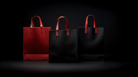 Black Friday shopping bags ai generated banner background copy space. Boutique fashion store image backdrop empty. Packages three, showcase dark light concept composition front view, copyspaceの素材