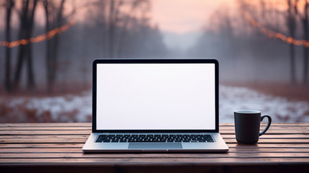 Dusk winter outdoor tea mug ai generated laptop template. Device blank display, laptop screen mockup on snowy landscape. Living nomad lifestyle concept image, advertising electronic notebook mock upの素材