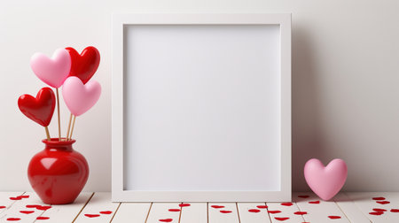 Red confetti hearts sticks ai generated frame mock up. Romantic special memories interior wall poster mockup with blank space. Valentine day concept composition front view, border picture copyspaceの素材