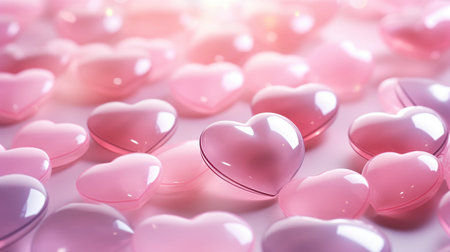 Valentines plastic shiny hearts ai generated background image. Y2k affection desktop wallpaper picture. Endearing love photo backdrop close-up. Loving tender concept composition closeup low angle viewの素材