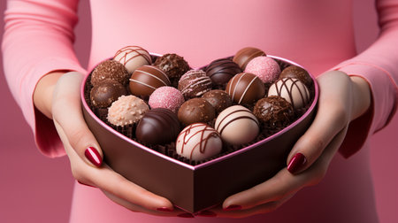 Lady holding valentines boxed chocolates ai generated background image. Pink dress woman showing love with candies desktop wallpaper picture. Valentine photo backdrop. Confession concept close-up viewの素材