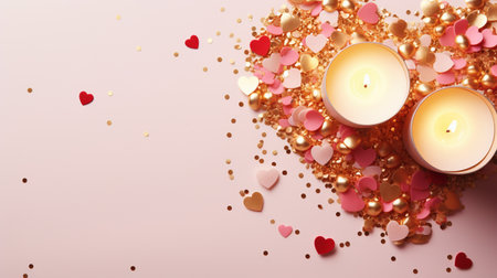 Candles romantic heart-shaped confetti valentine day ai generated banner background copy space. Flames pink image backdrop empty. February 14 greeting concept composition front view, copyspaceの素材