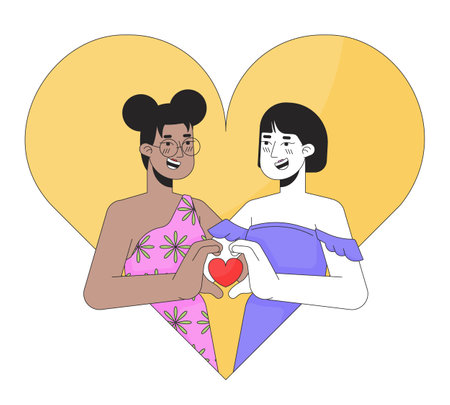Lesbian women meeting soulmate February 14 2D linear illustration concept. Valentine day gay female cartoon characters isolated on white. Together love metaphor abstract flat vector outline graphicのイラスト素材