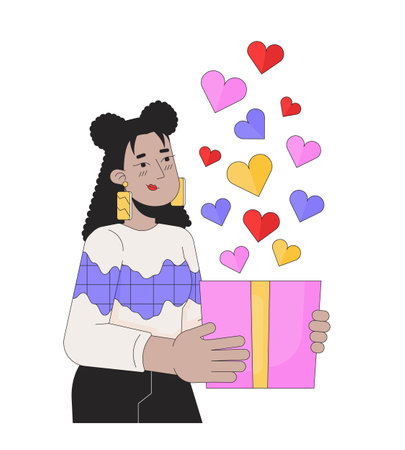 Beautiful woman in love giving valentine gift 2D linear illustration concept. Shy latina female cartoon character isolated on white. Sweetheart affection metaphor abstract flat vector outline graphicのイラスト素材