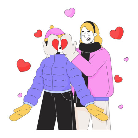 Lesbian woman covering girlfriend eyes with mittens line cartoon flat illustration. Same sex couple 2D lineart characters isolated on white background. Romantic winter date scene vector color imageのイラスト素材