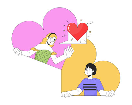 Lesbian dating app 2D linear illustration concept. Diverse girlfriends talking online cartoon characters isolated on white. Long distance relations hearts metaphor abstract flat vector outline graphicのイラスト素材