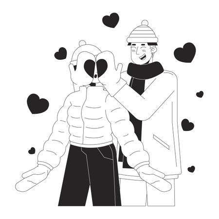 Boyfriend covering girlfriend eyes guess who black and white cartoon flat illustration. Cold weather asian couple 2D lineart characters isolated. Romantic winter monochrome scene vector outline imageのイラスト素材
