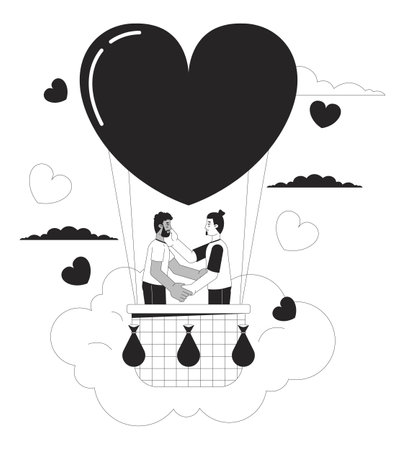 Romantic hot air balloon ride black and white 2D illustration concept. Interracial gay couple cartoon outline characters isolated on white. Celebrating special day metaphor monochrome vector artのイラスト素材
