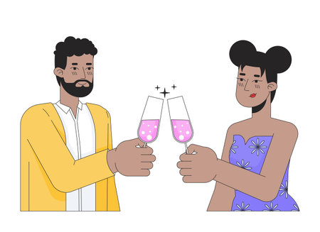 African-american couple clinking glasses 2D linear cartoon characters. Smitten girlfriend boyfriend isolated line vector people white background. Congratulations champagne color flat spot illustrationのイラスト素材