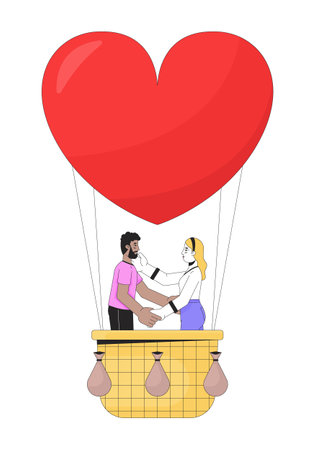 Interracial couple floating on hot air balloon 2D linear cartoon characters. Affectionate boyfriend girlfriend isolated line vector people white background. Ballooning color flat spot illustrationのイラスト素材