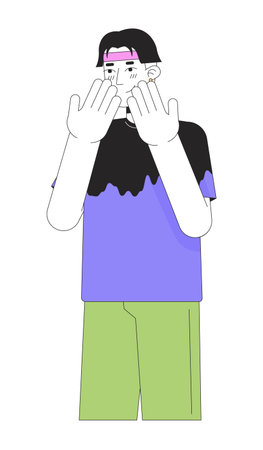 Face covering embarrassed korean young man 2D linear cartoon character. Gen z asian male isolated line vector person white background. Expressing positive feeling color flat spot illustrationのイラスト素材