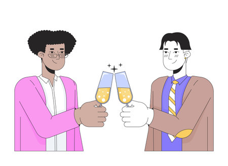 Gay men couple clinking glasses 2D linear cartoon characters. Enamored homosexual boyfriends isolated line vector people white background. Toasting champagne flutes color flat spot illustrationのイラスト素材